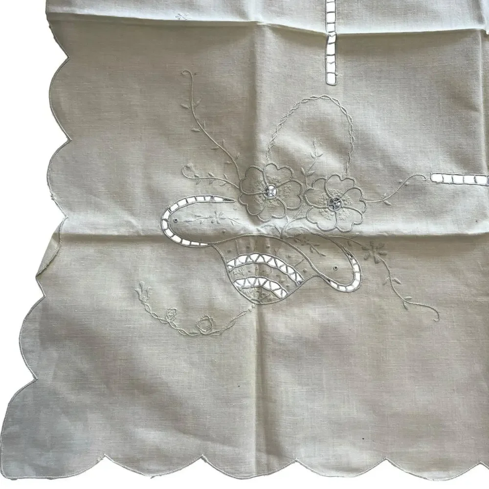 Vintage Linen Cutwork Tablecloth Pale Yellow Cream Vintage Teacloth Table Cover